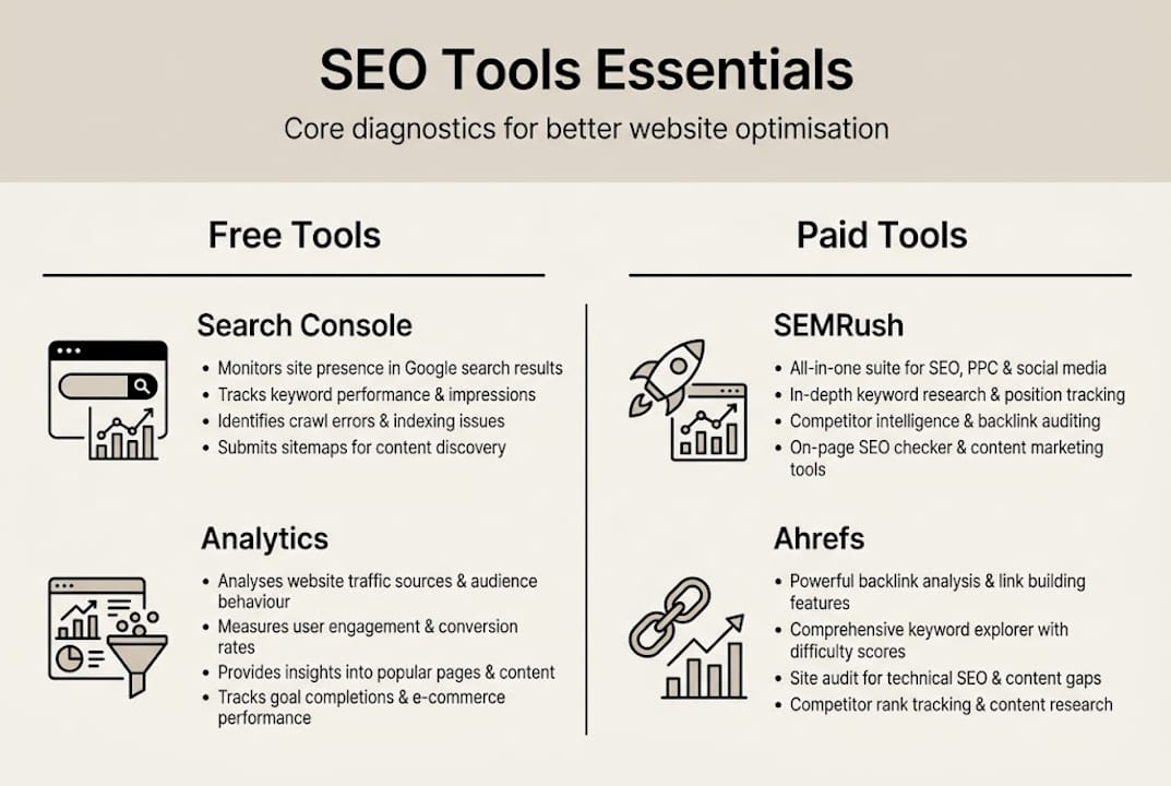 Infographic highlighting key SEO tools categories
