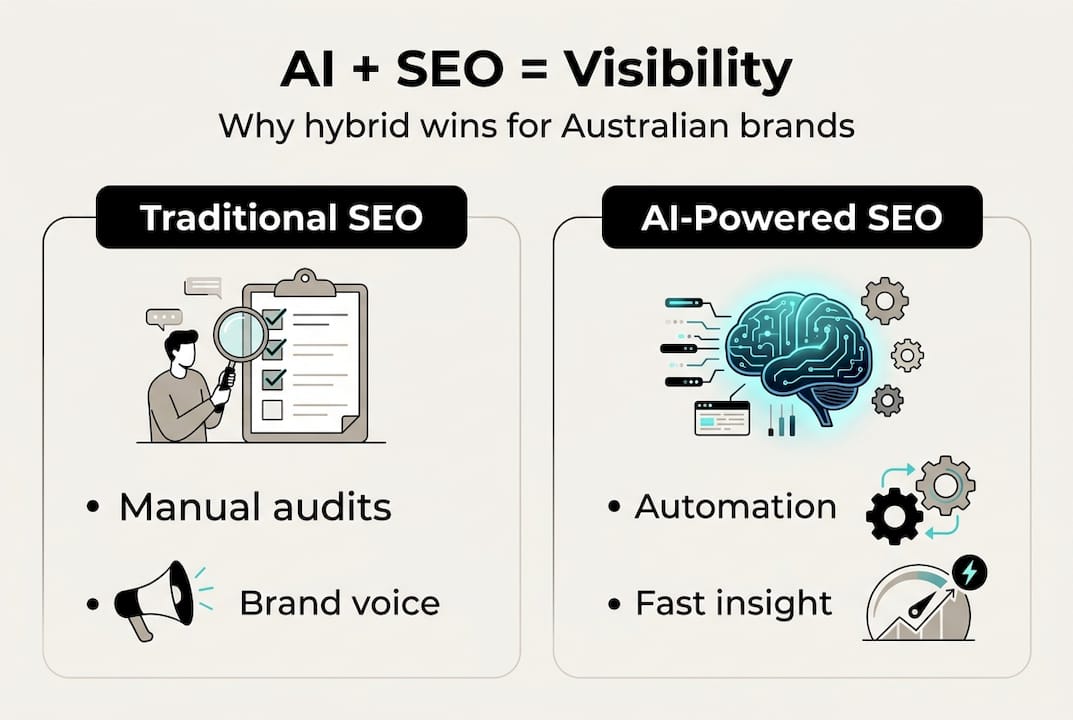 Infographic showing hybrid AI and traditional SEO strengths