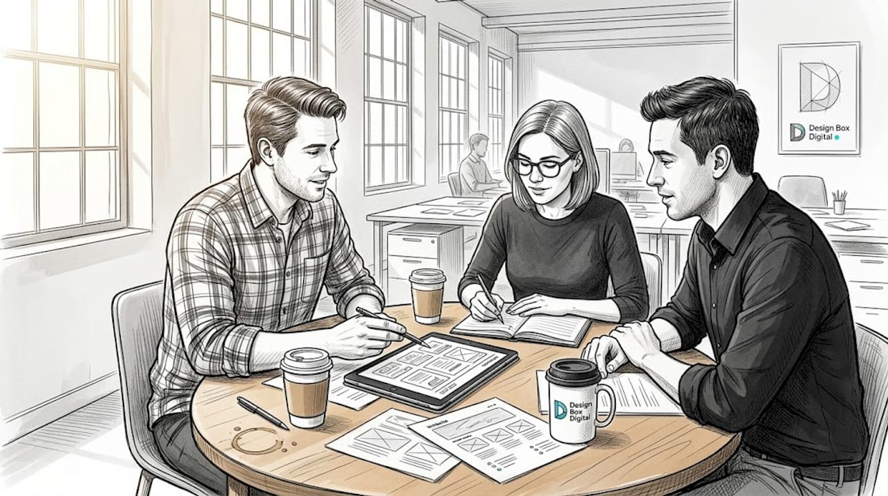 Team meeting reviewing SEO strategy and notes