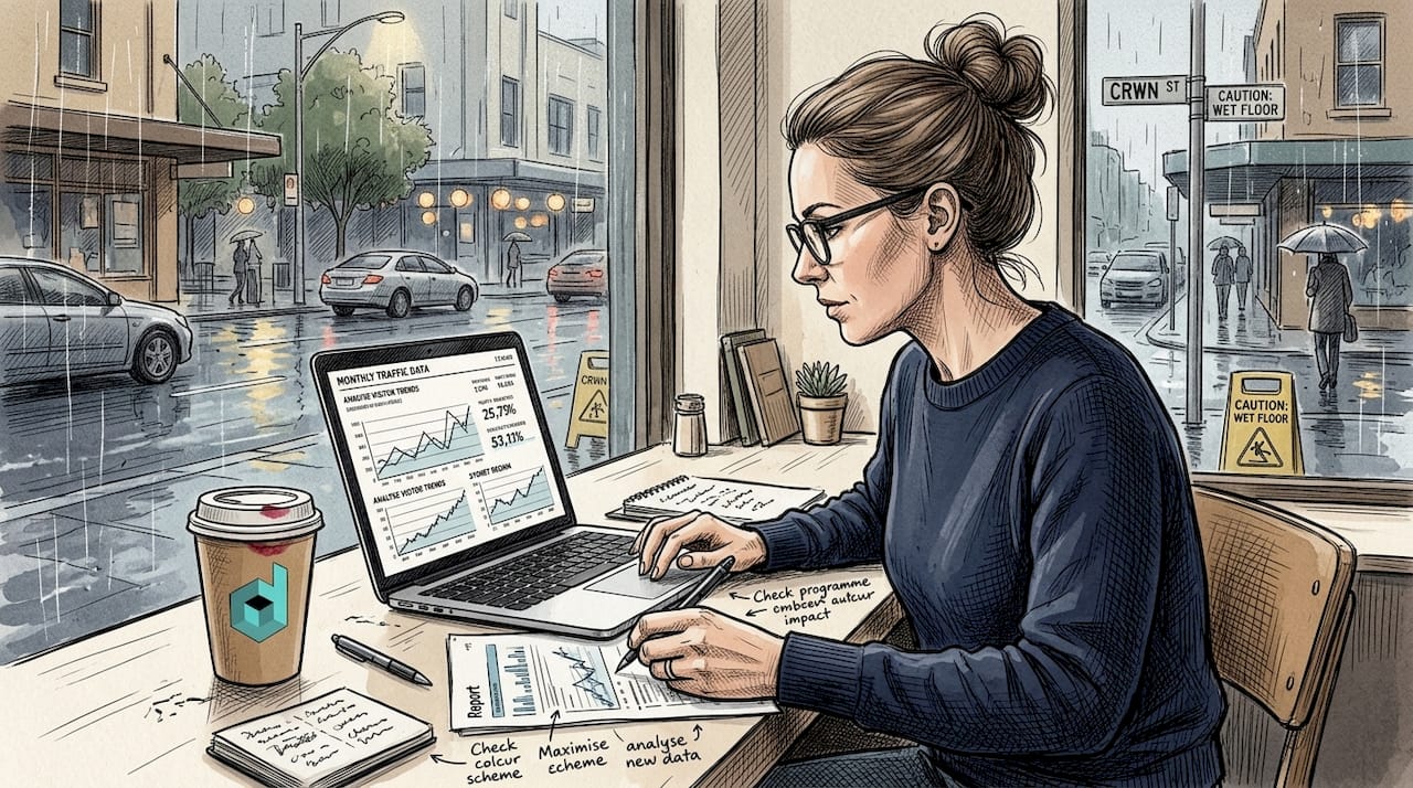 Business owner analysing website data in café