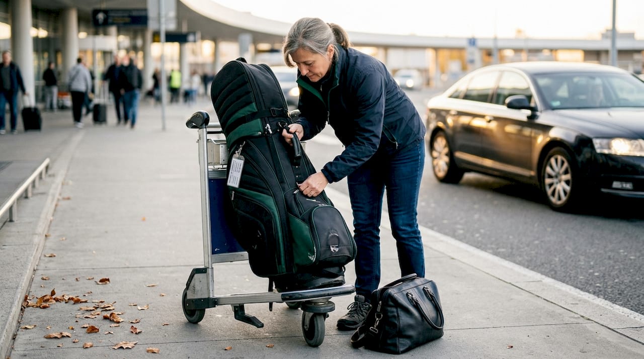 Žena na letišti odevzdává svůj golfový bag k odbavení.
