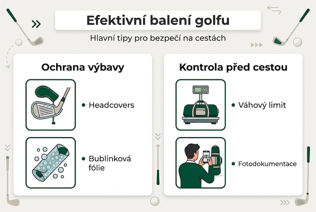Přehledné tipy, jak si efektivně sbalit golfovou výbavu – vše na jednom místě v přehledné infografice.