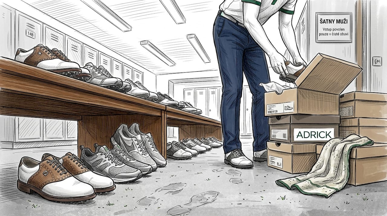 Různé typy golfových bot pečlivě srovnané v šatně