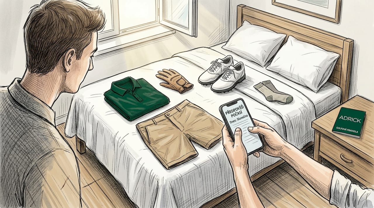 Muž si na posteli připravuje oblečení, které potřebuje na golf.