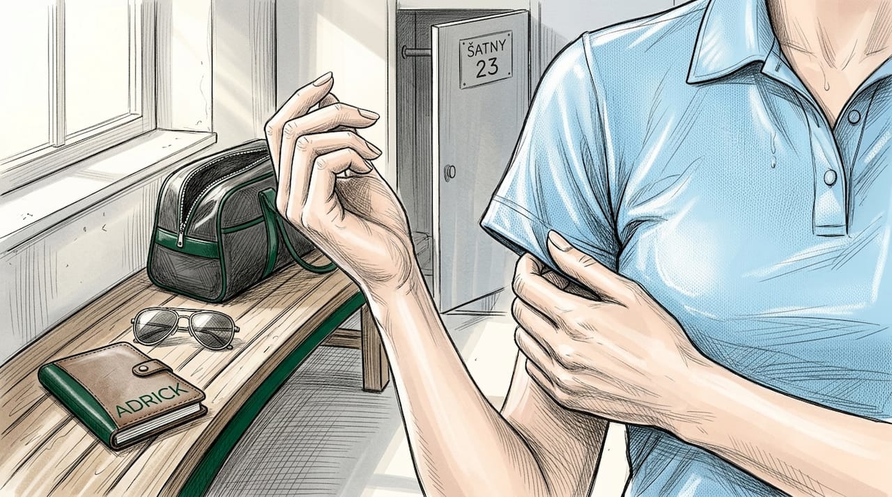 Detailní záběr na úpravu technického rukávu na golfovém oblečení