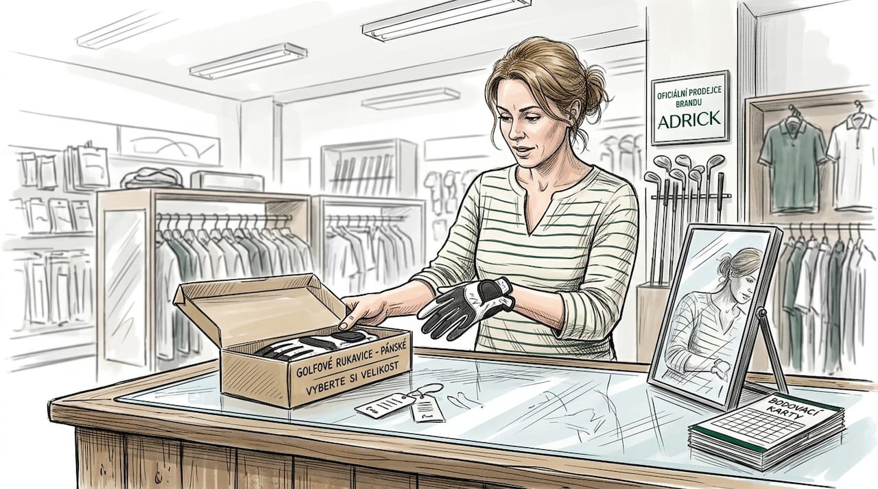 Paní si u pultu zkouší golfovou rukavici.