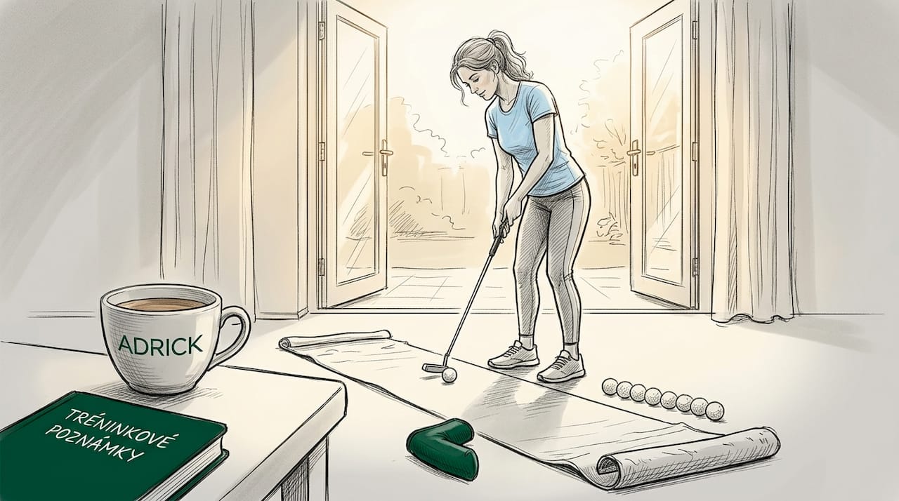 Golfista piluje techniku patování na greenu.