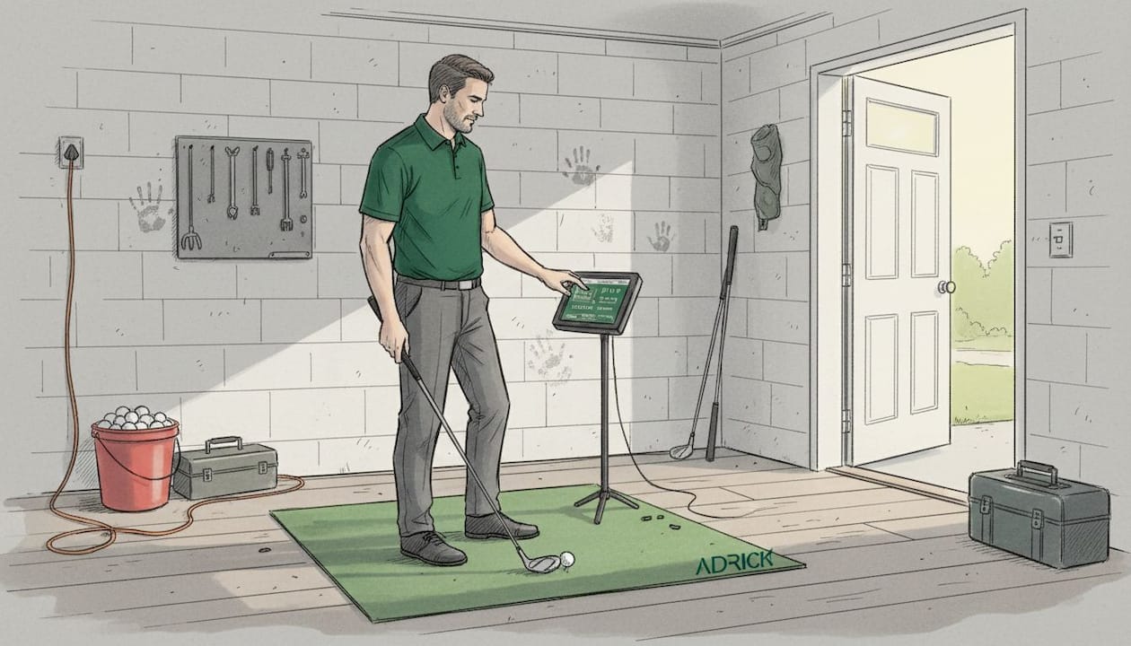 Golfista si v domácí garáži prohlíží statistiky svého švihu.