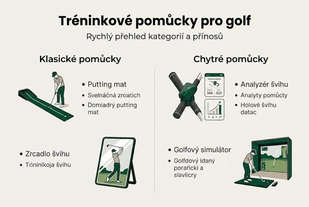 Přehled různých typů golfového vybavení v infografice