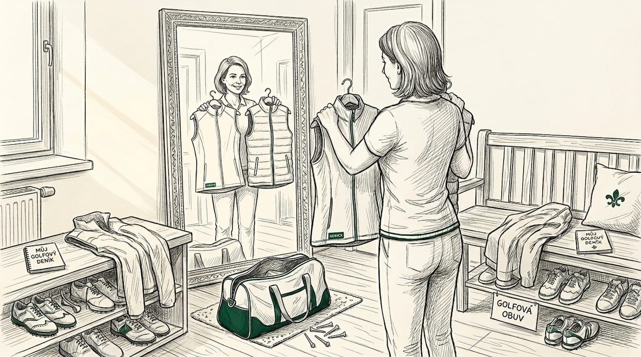 Žena si doma vybírá, jakou golfovou vestu si pořídí.