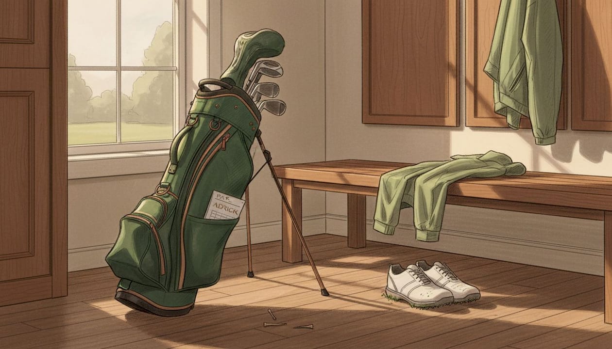 Golfový bag postavený vedle bot v šatně