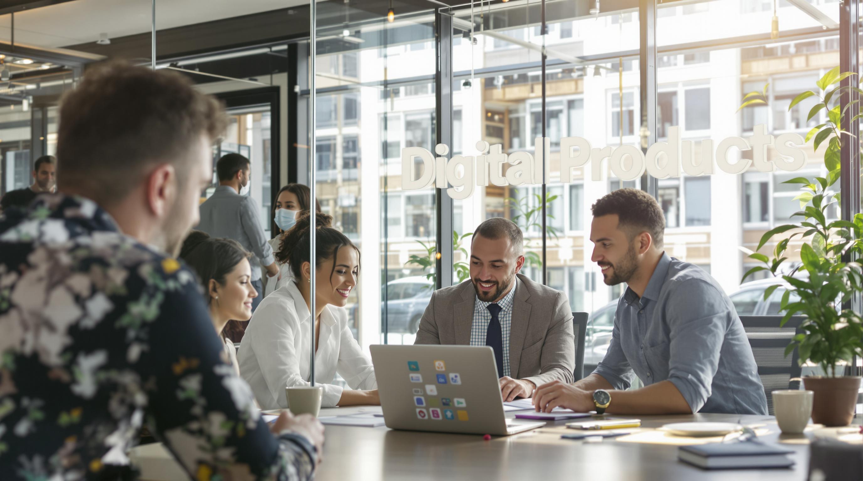 Team collaborating with digital product icons and 'Digital Products' text
