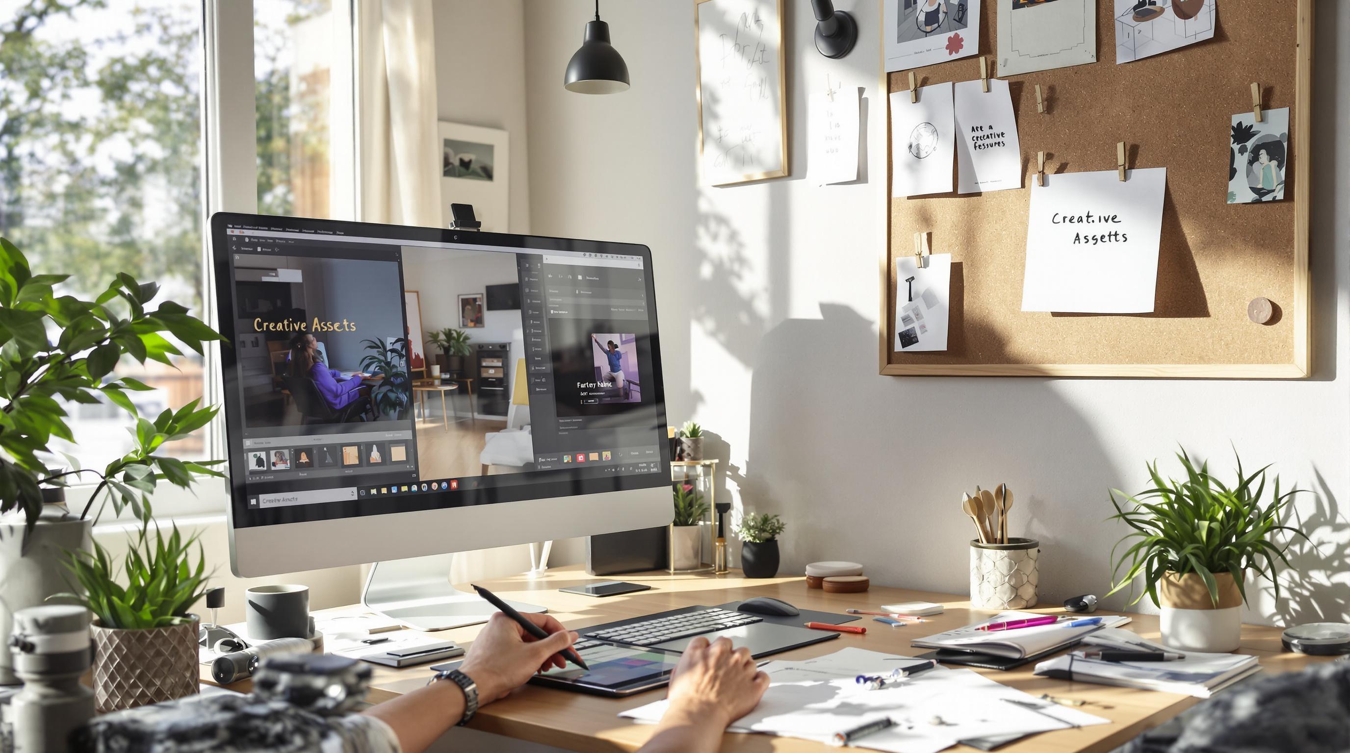 Designer creating digital art with 'Creative Assets' on corkboard