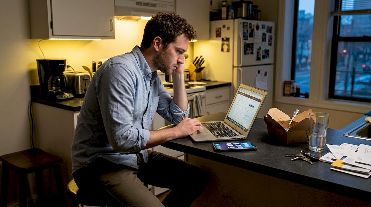 Person stressed booking trip last minute