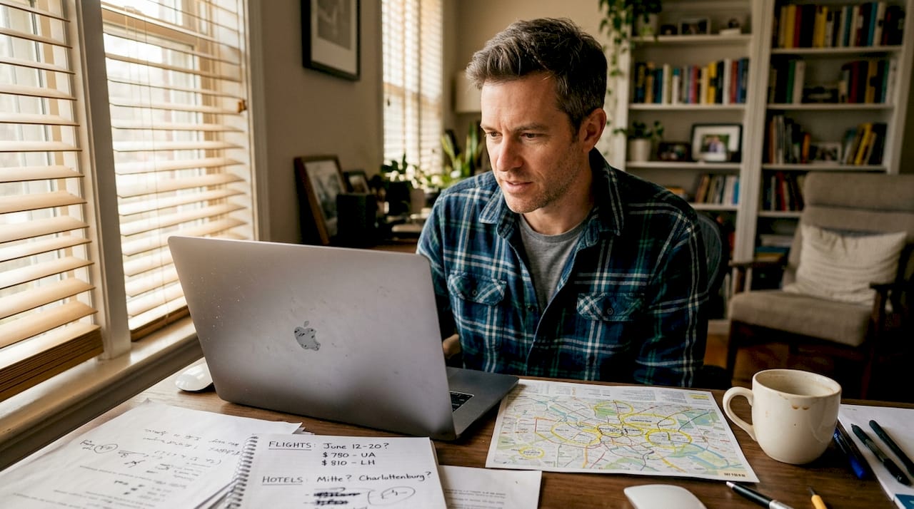 Man compares flight and hotel dates