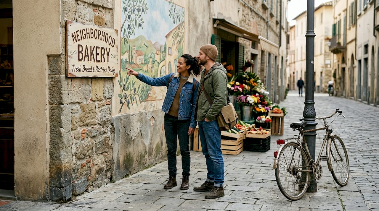 Travelers exploring small-town cultural street