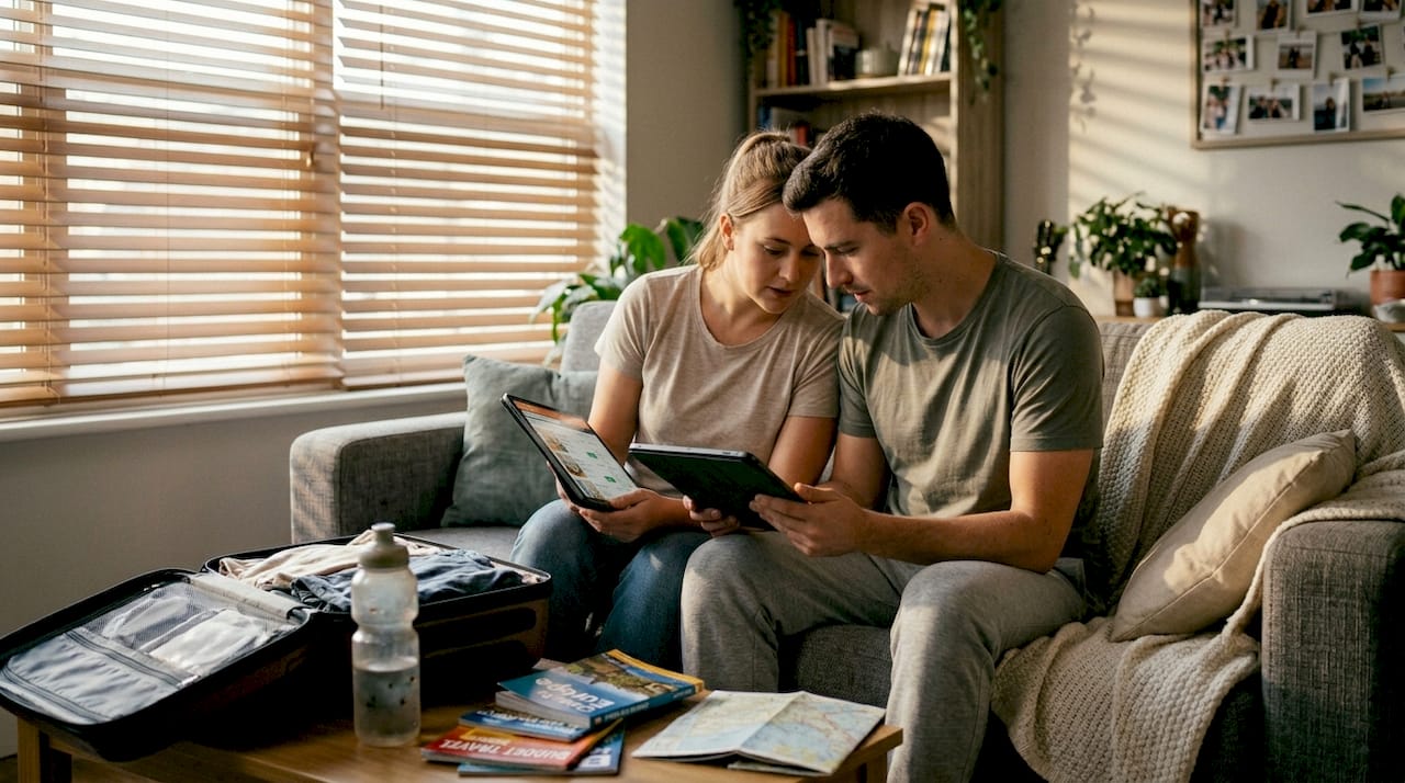 Couple comparing travel budget options at home