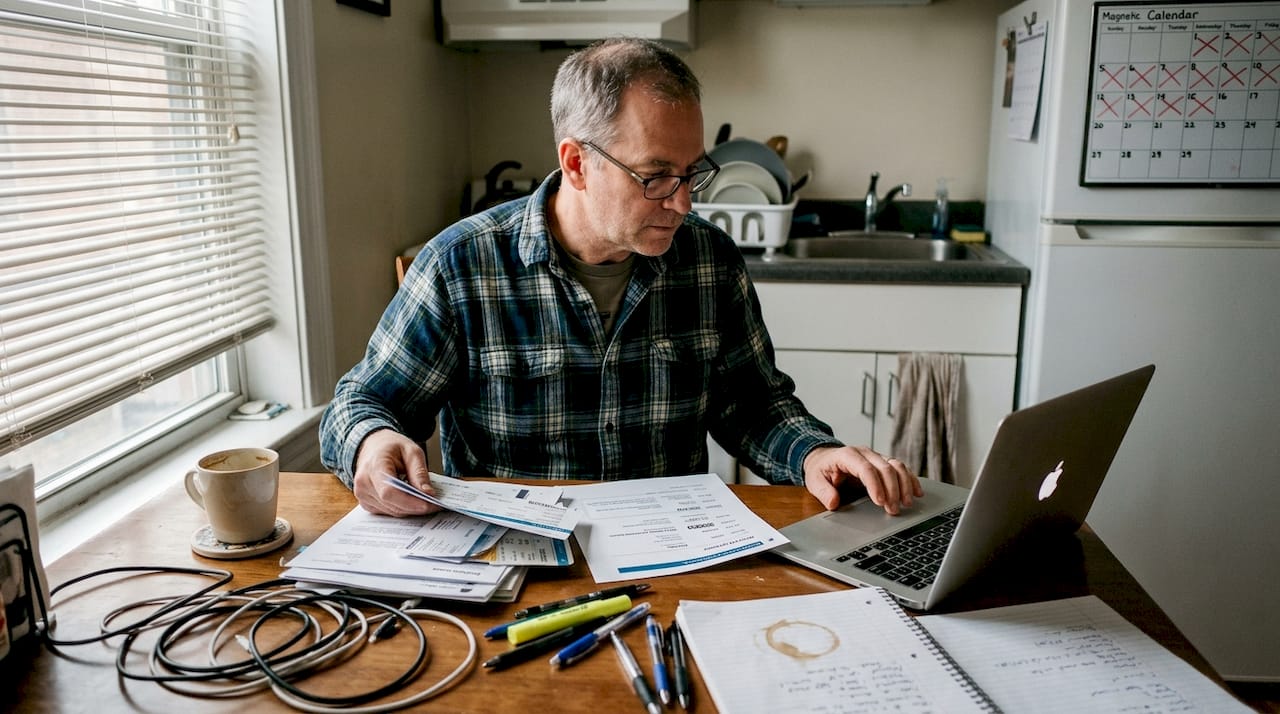 Man organizes digital travel itinerary at home