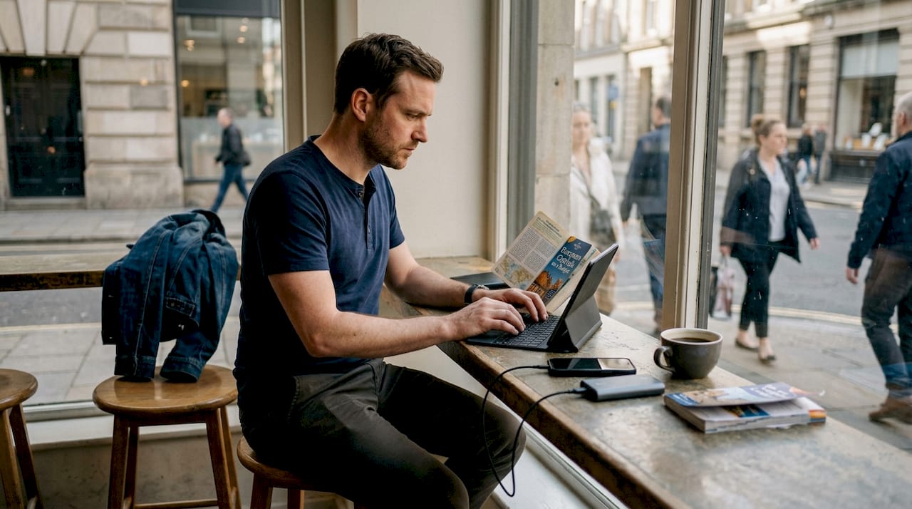 Traveler researching trips at window café seat