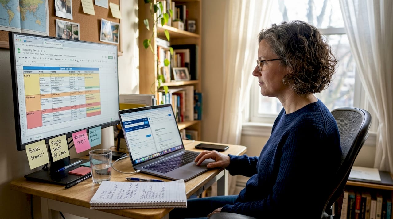 Woman booking travel efficiently at home desk