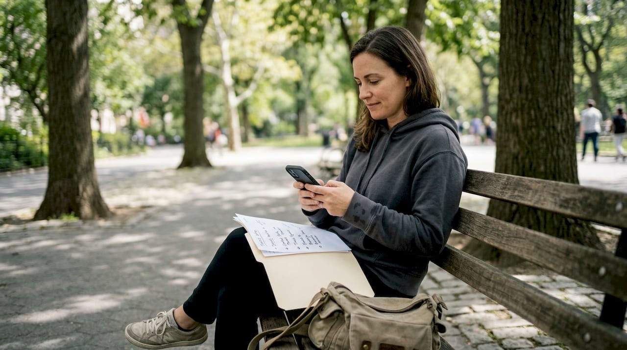 Person checking travel app on park bench