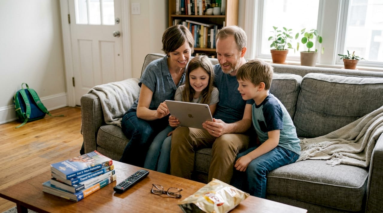Family checking trip plan on tablet in living room