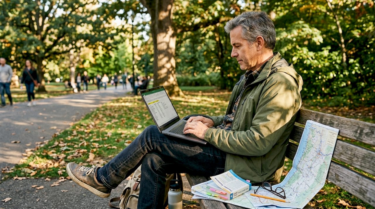 Man editing trip planning spreadsheet outdoors