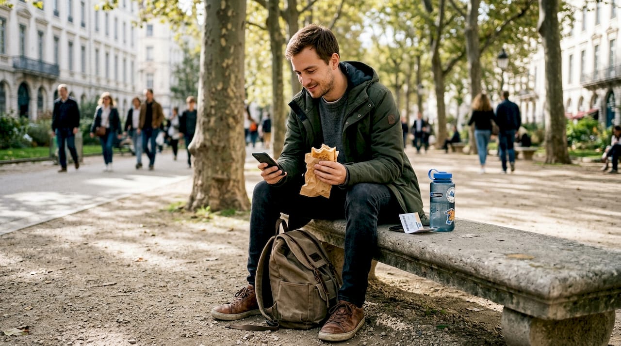 Traveler eating street food in city park