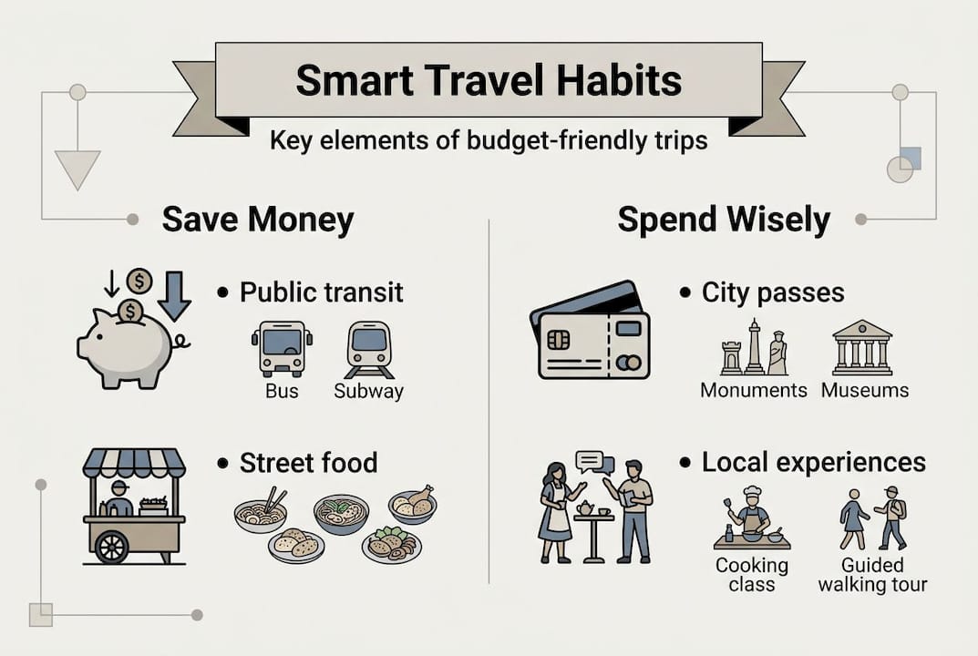 Infographic with key budget travel strategies and tips