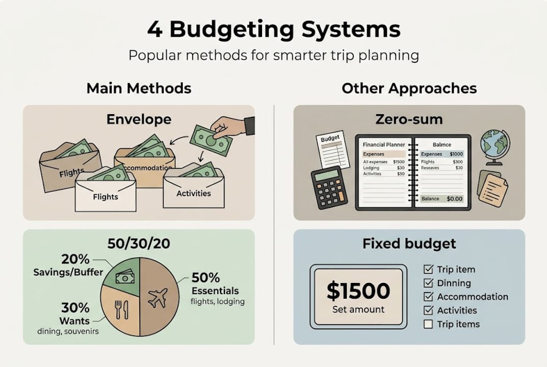 Infographic with four travel budgeting system types