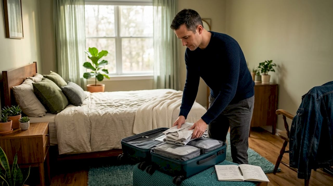 Man packing efficiently with carry-on bag