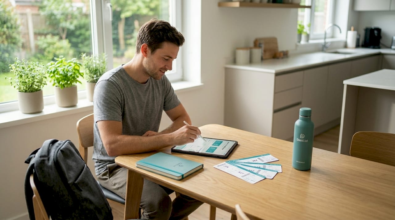 Man updating travel itinerary on tablet