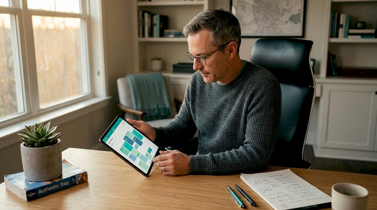 Man reviewing AI-generated itinerary on tablet
