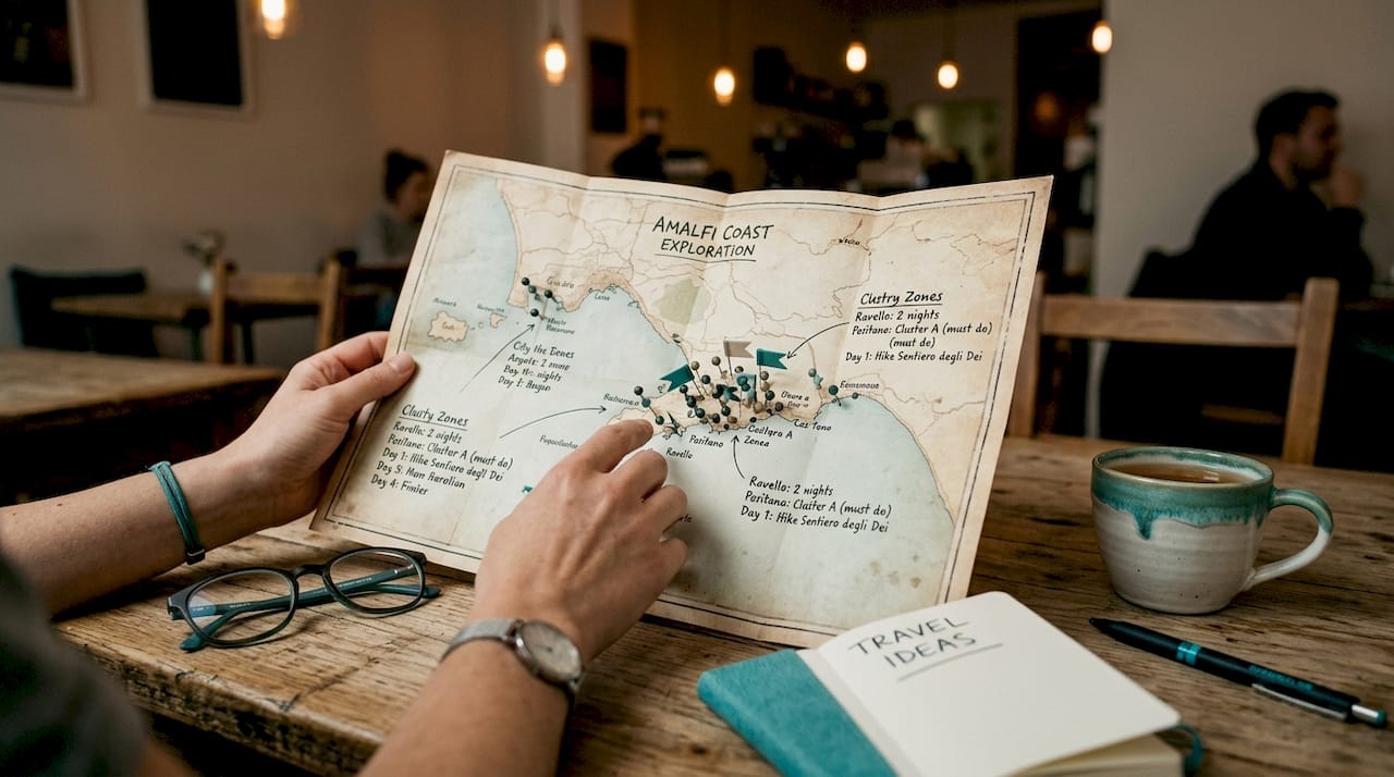 Hands holding travel map with pins and notes