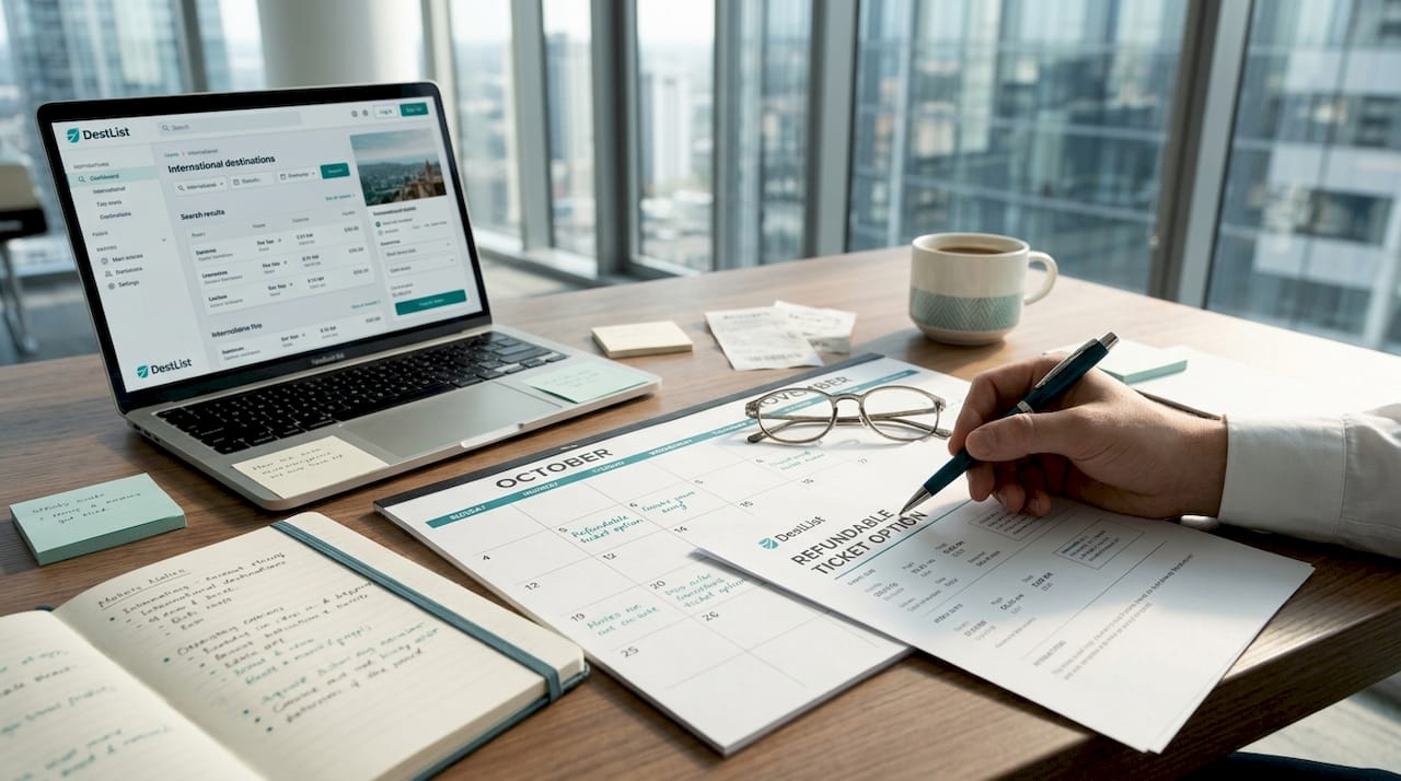 Desk with travel booking materials and flexible options