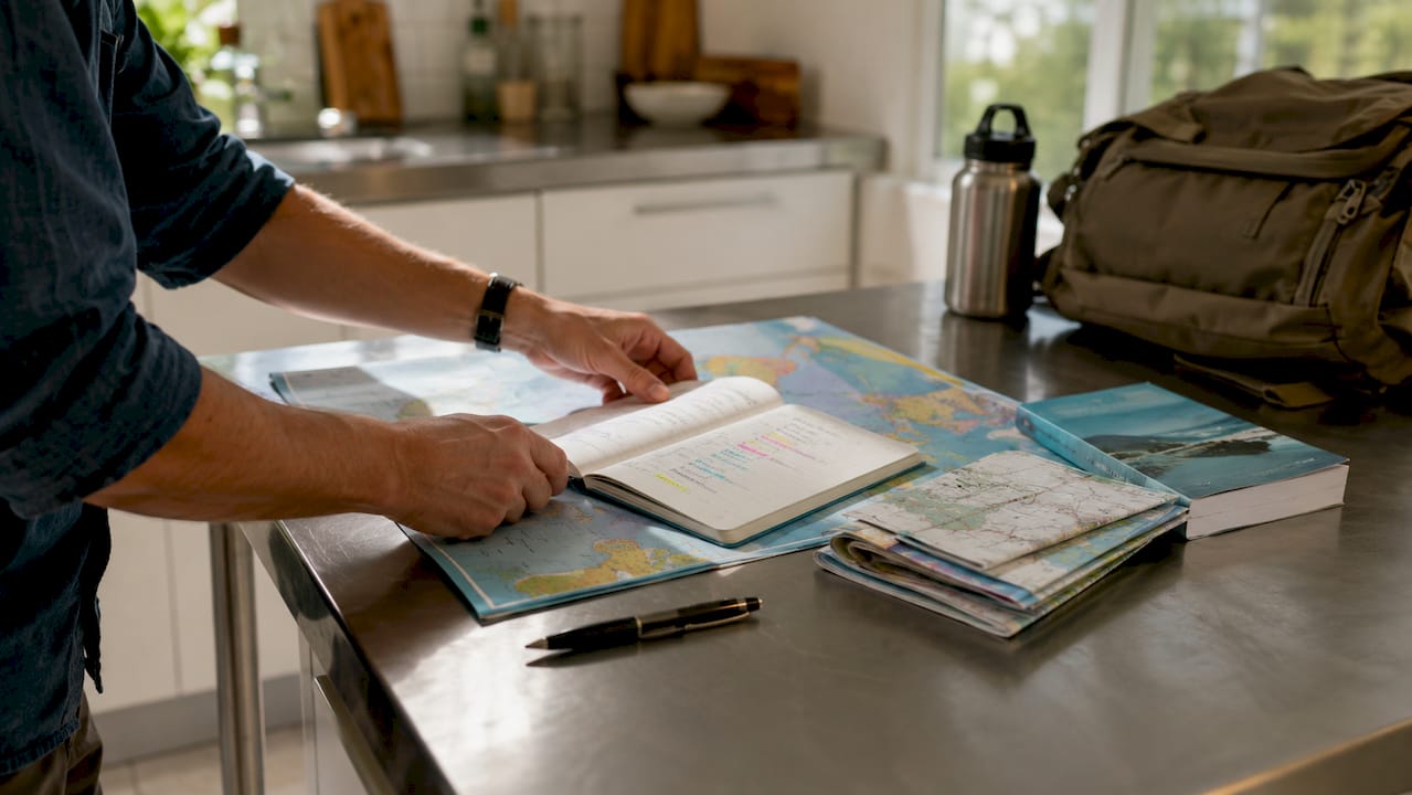Hands arranging travel plans with maps and calendar
