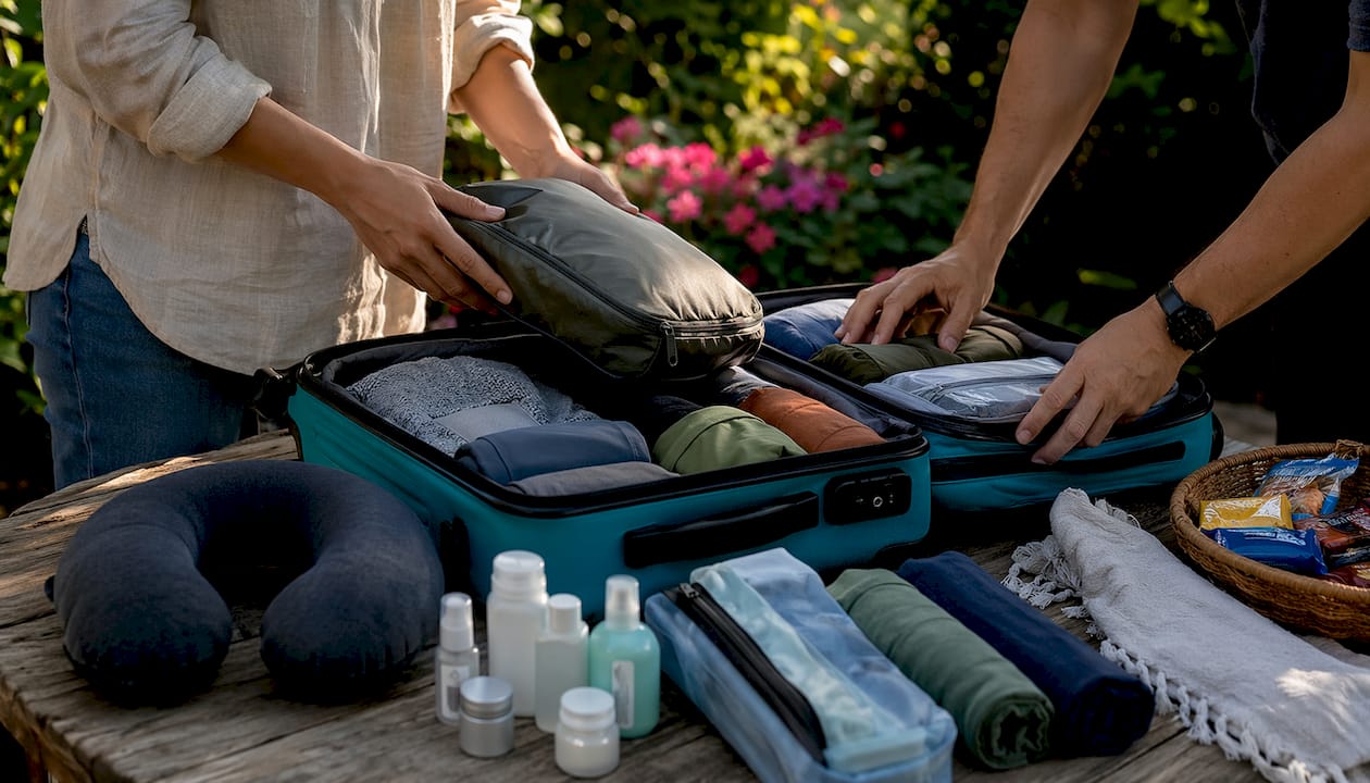 Hands packing carry-on suitcase with checklist