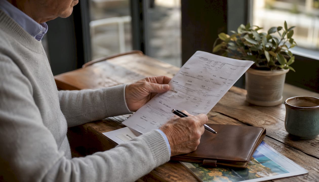 Guest calculating hotel costs using bill and pen
