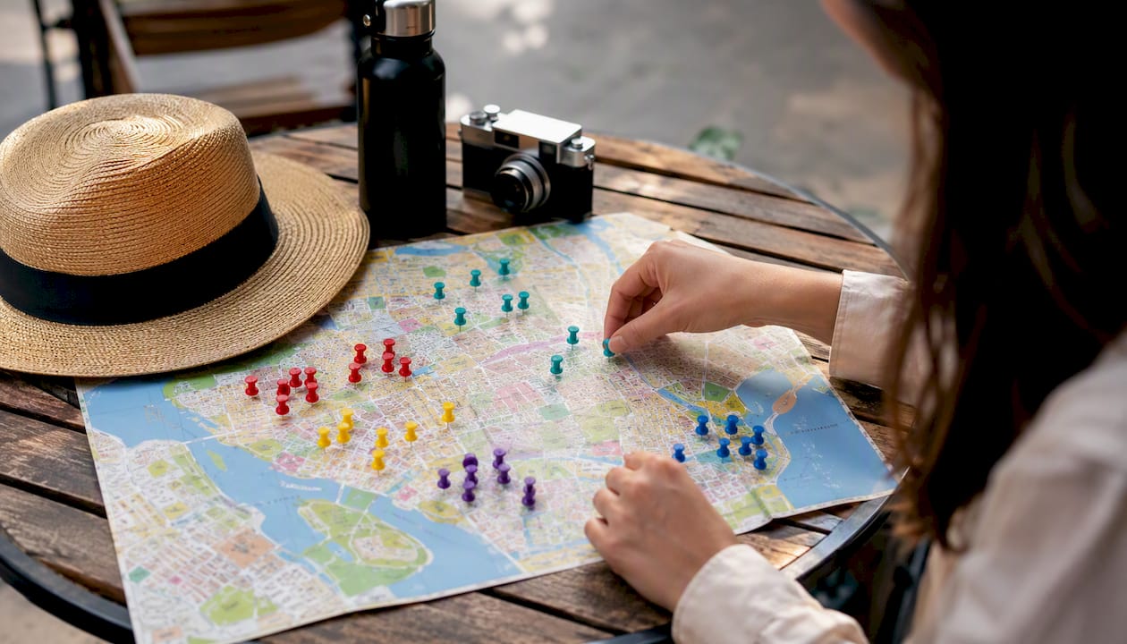 Hands placing pins on grouped city map