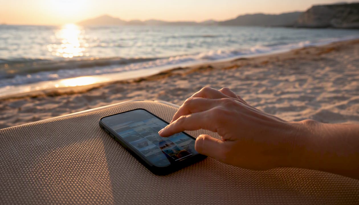 Hand accessing travel photo confirmations on phone