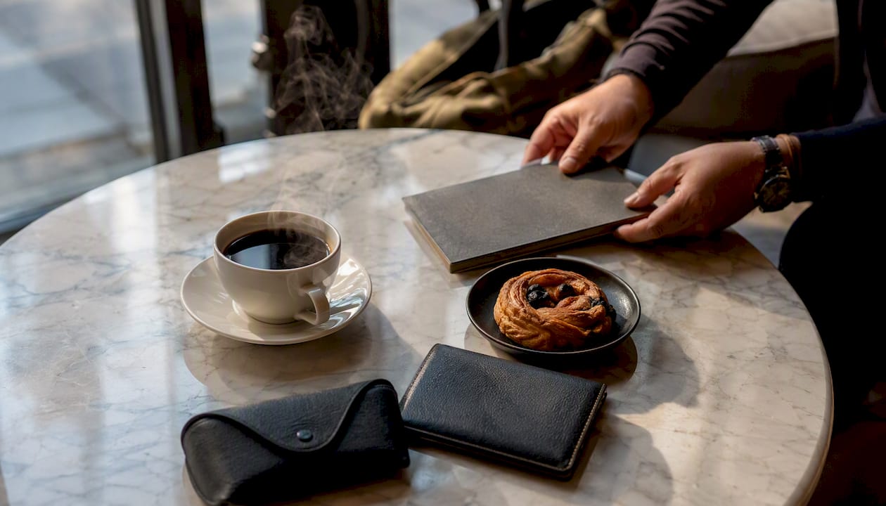 Coffee and croissant at café table in morning light
