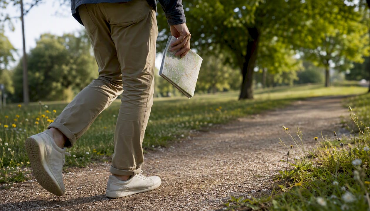 Traveler walking neighborhood holding local map