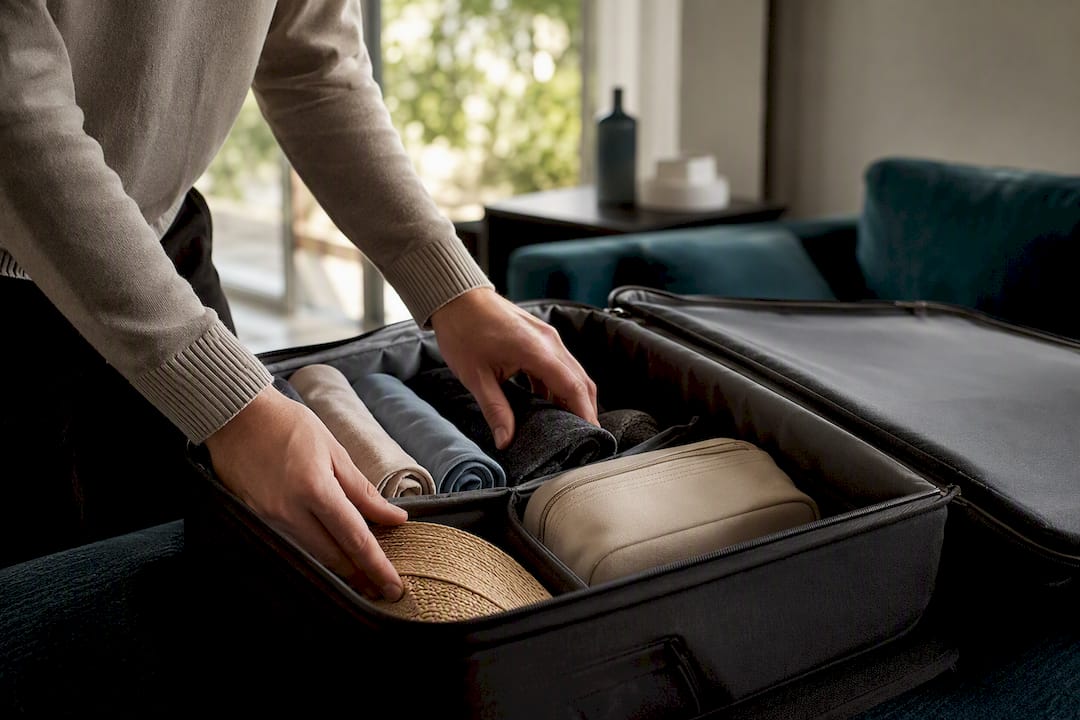 Hands packing travel essentials into suitcase