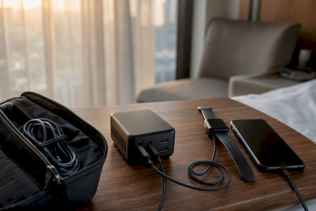 Compact multiport charger with plugged cables