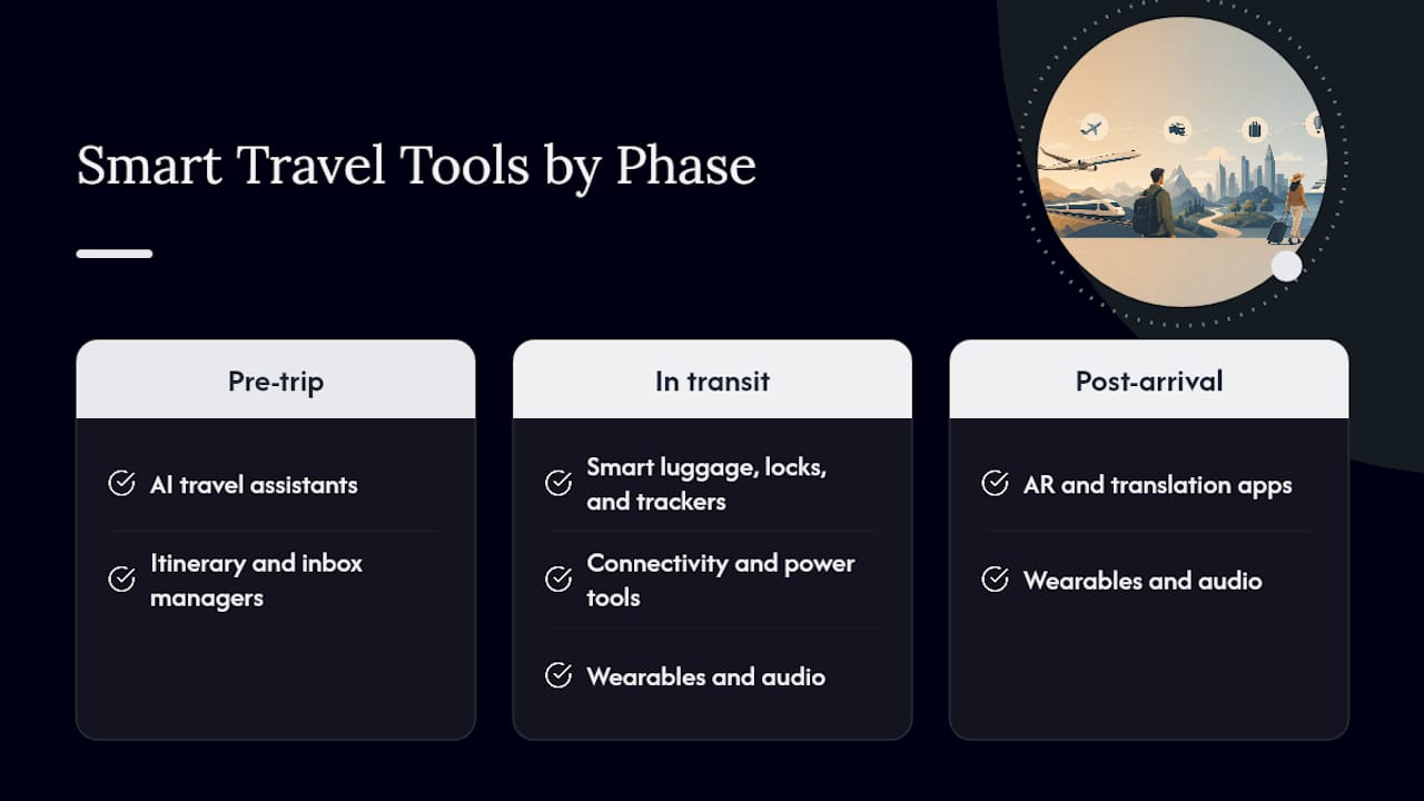Diagram of smart travel tool categories and trip phases