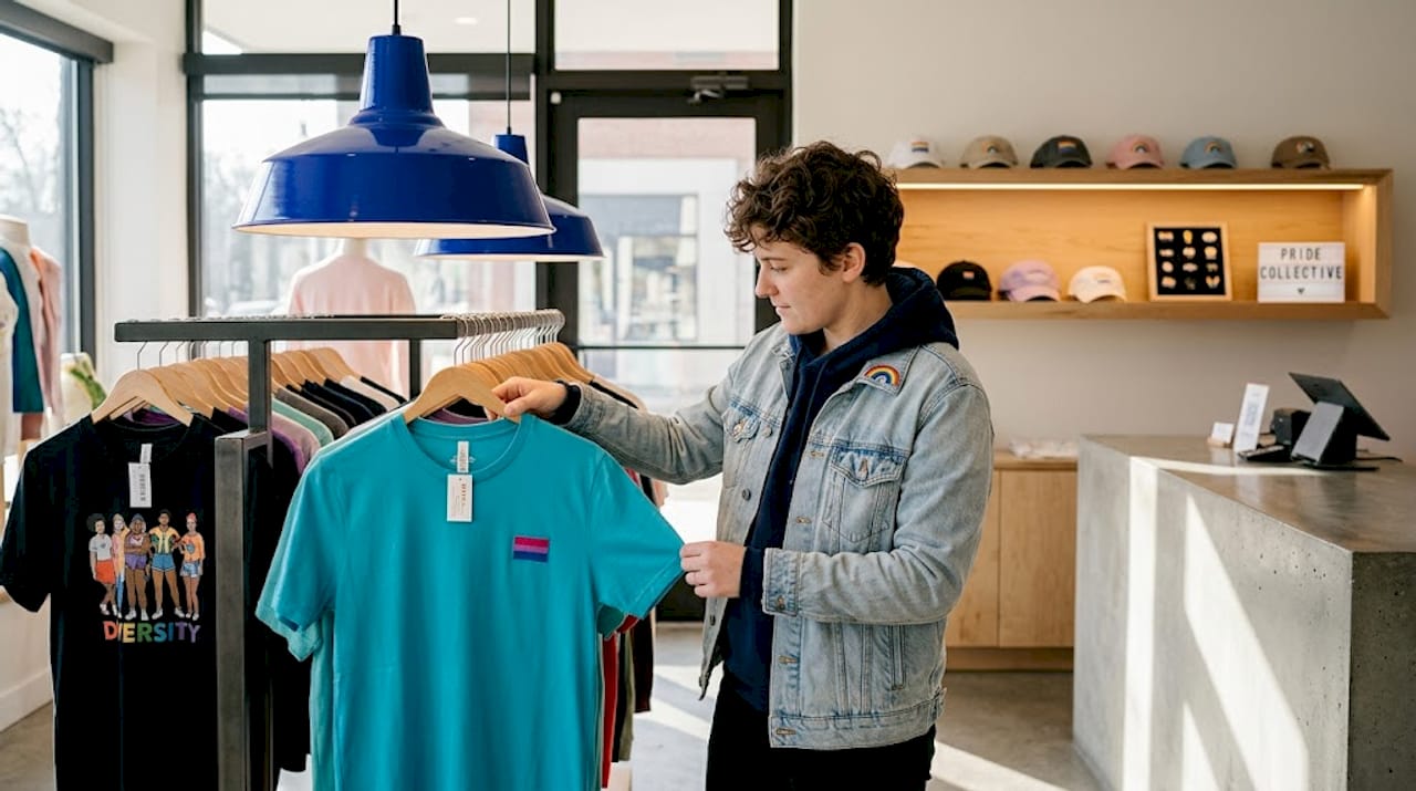Shopper browsing pride apparel in store