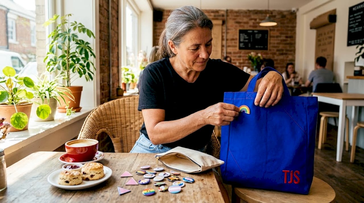 Attaching pride pin to canvas tote