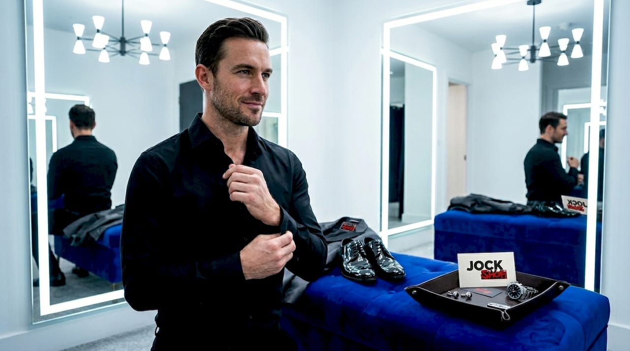 Man adjusting cuff of fitted black club shirt indoors