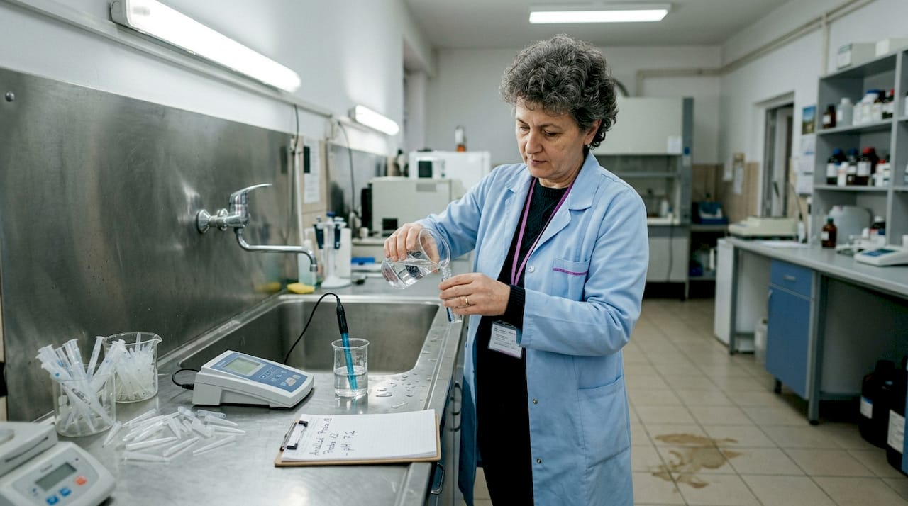 Un chimist analizează calitatea apei într-un laborator, folosind echipamente specializate pentru a verifica dacă aceasta îndeplinește standardele de siguranță.
