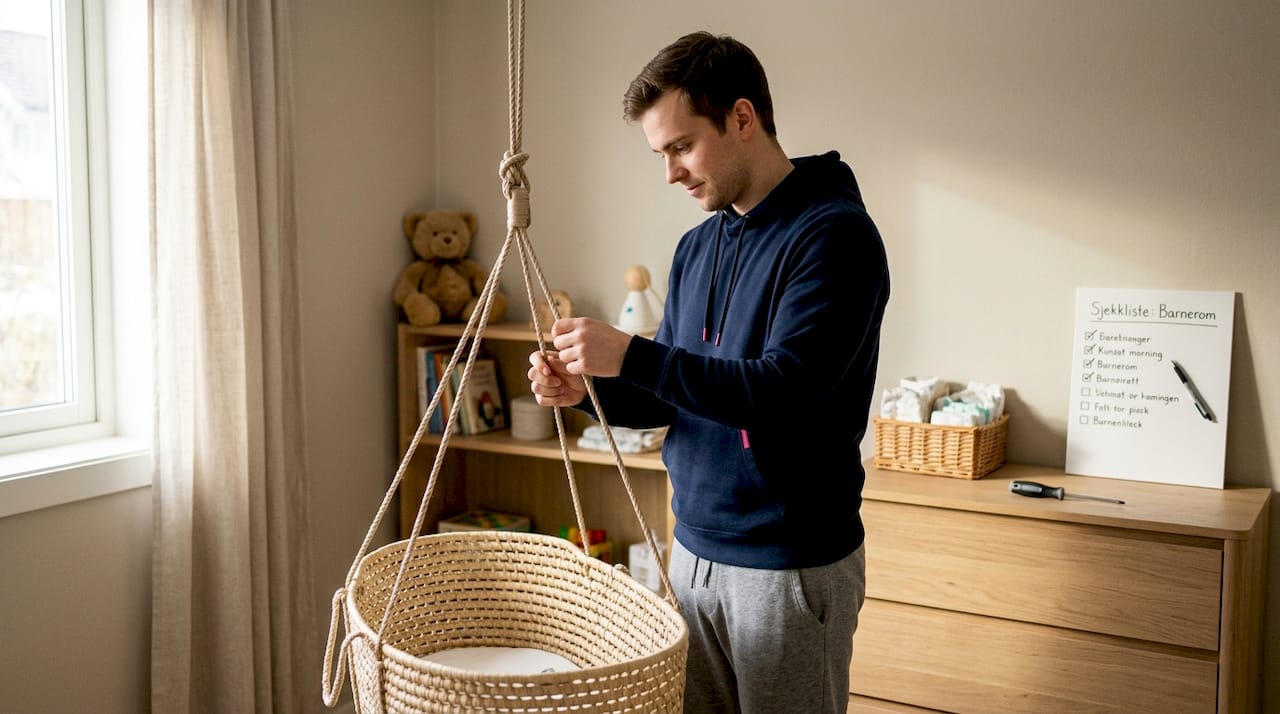 Pappa sjekker hvor solid barnesengen er ved å legge noe tungt oppi, inne på barnerommet.